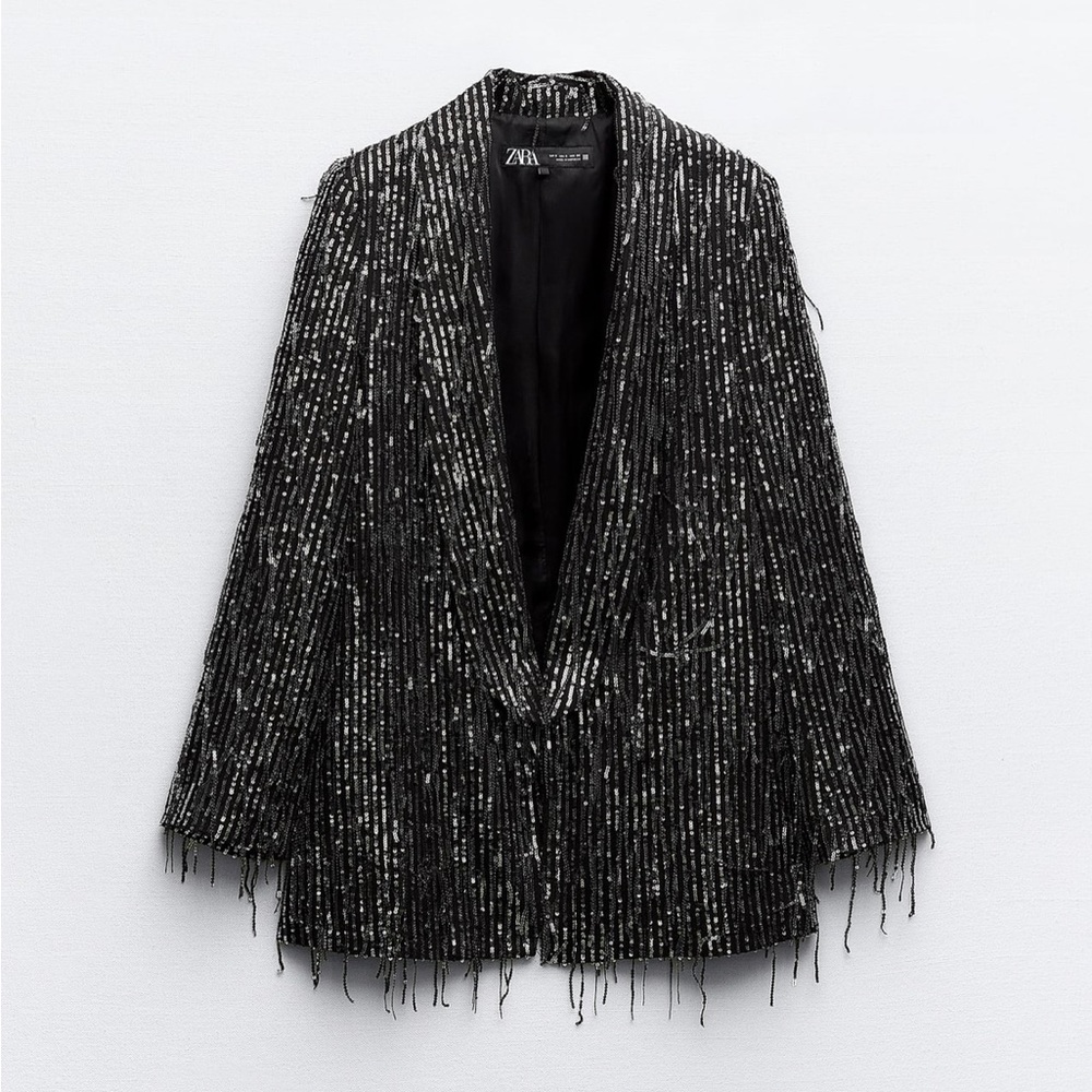 NWT ‼️Zara Fringed Sequin Blazer Black & Silver Size SMALL‼️SOLD OUT STYLE